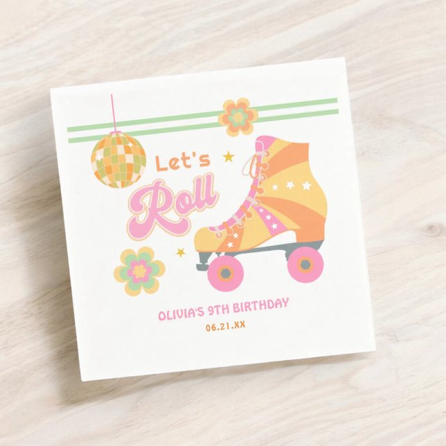 Let's Roll Girl Roller Skating Birthday Party Napkin (Creator Uploaded)