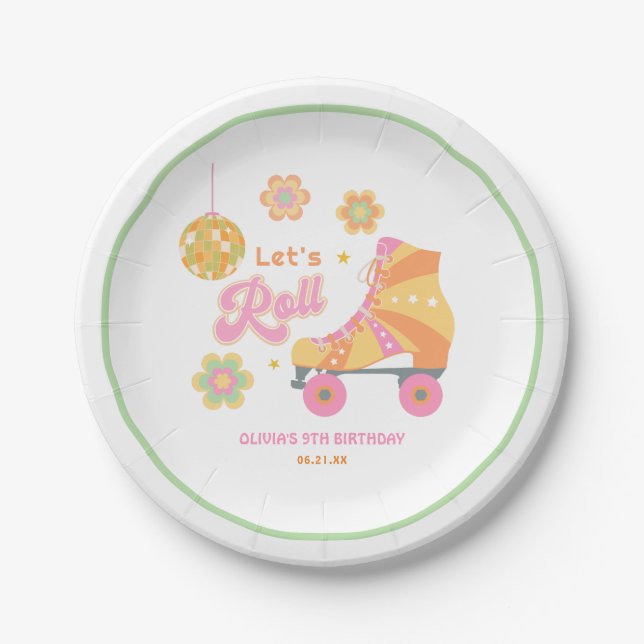 Let's Roll Girl Roller Skating Birthday Party Paper Plate (Front)