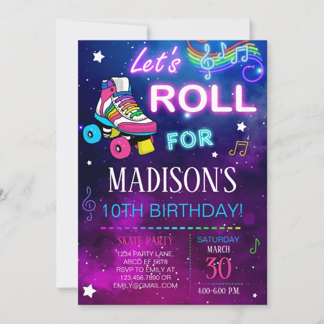 Let's Roll Girl Skate Birthday Invitation (Front)