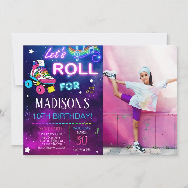 Let's Roll Girl Skate Birthday Photo Invitation (Front)