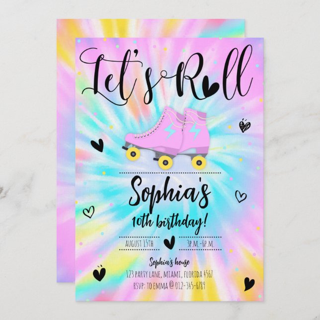 Let's Roll Girl Tie Dye Birthday Party Invitation (Front/Back)