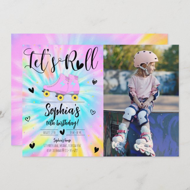 Let's Roll Girl Tie Dye Birthday Party Photo Invitation (Front/Back)