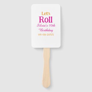 Let's roll happy 10th birthday add name retro pink hand fan
