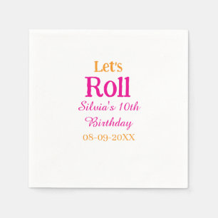 Let's roll happy 10th birthday add name retro pink napkin