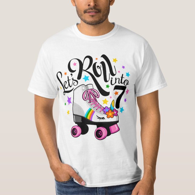Lets roll into 7 Birthday. Unicorn, Roller skate  T-Shirt (Front)
