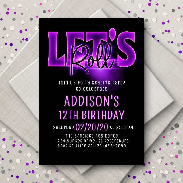 Let's Roll Pink Neon Skating Birthday Invitation (Creator Uploaded)