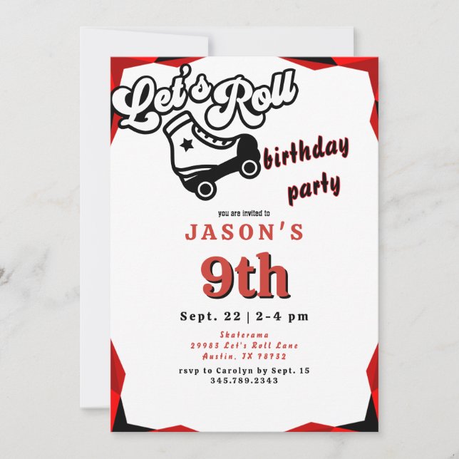 Let's Roll Red & Black Boy Skate Birthday Party  Invitation (Front)