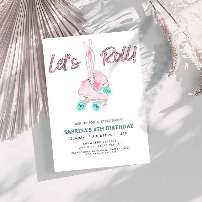 Let's Roll Retro Girl skating Birthday Party Invitation (Creator Uploaded)