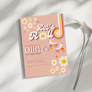 Let's Roll Retro Groovy Roller Skate Birthday Invitation