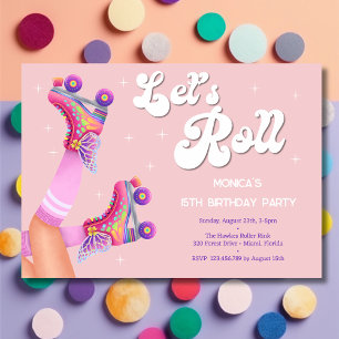 Let's roll retro roller skate birthday party invitation