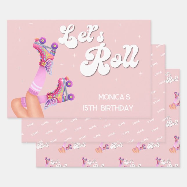 Let's roll retro roller skate birthday party wrapping paper sheet (Set)