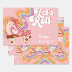Let's roll retro roller skate birthday wrapping paper sheet