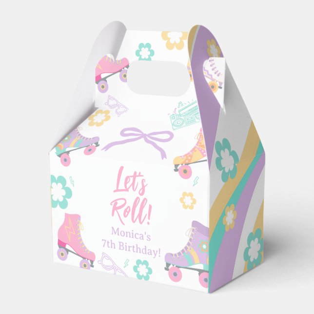 Lets Roll Roller Skate Retro Girl Birthday Pastel Favour Box (Front Side)