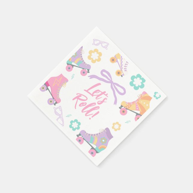 Lets Roll Roller Skate Retro Girl Birthday Pastel Napkin (Corner)