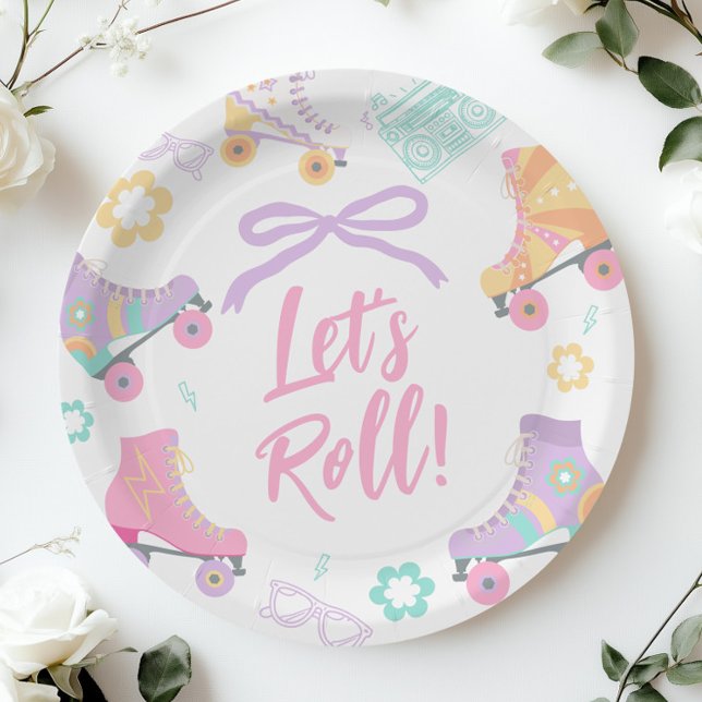 Lets Roll Roller Skate Retro Girl Birthday Pastel Paper Plate (Creator Uploaded)