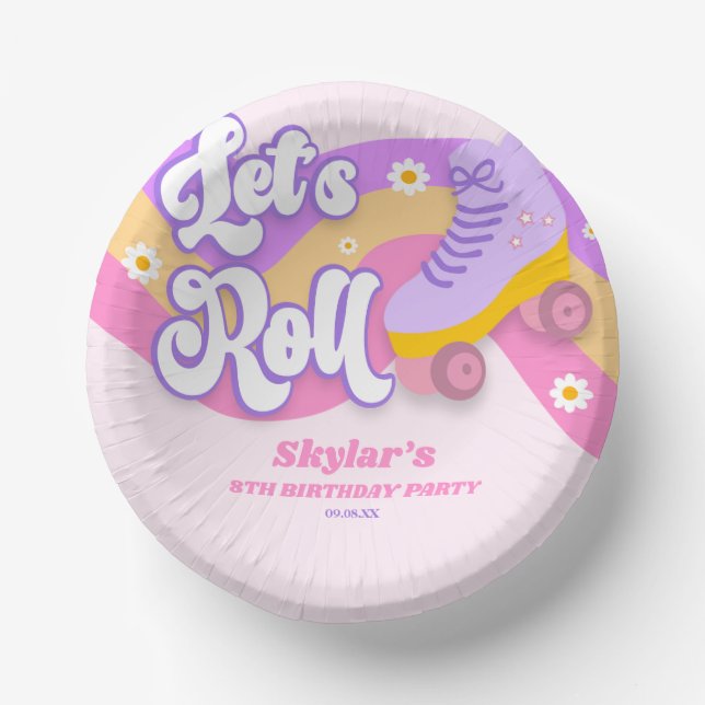 Let's Roll Roller Skate Skating Birthday Party Paper Plate (Front)