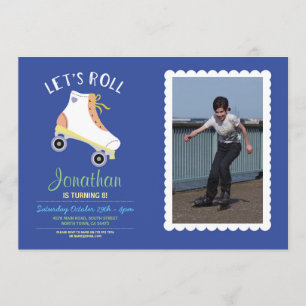 Let's Roll Rollerskate Blue Birthday Party Photo Invitation