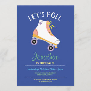 Let's Roll Rollerskate Blue Birthday Party Skating Invitation
