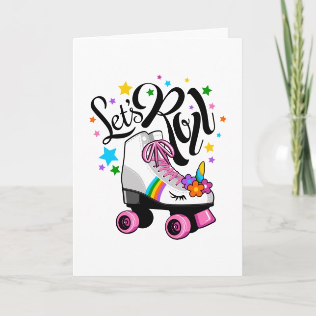 Let's Roll Unicorn Roller skate t-shirt for girls. Card (Front)