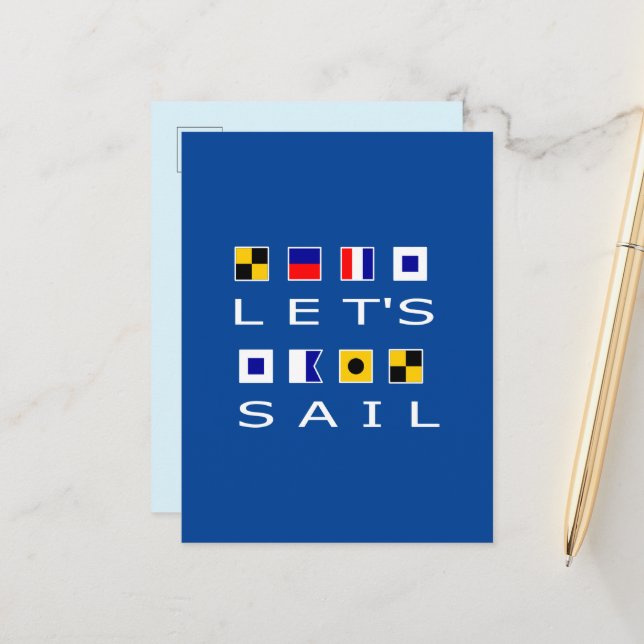 Let's Sail Colourful Nautical Flags Dark Colour Postcard (Front/Back In Situ)