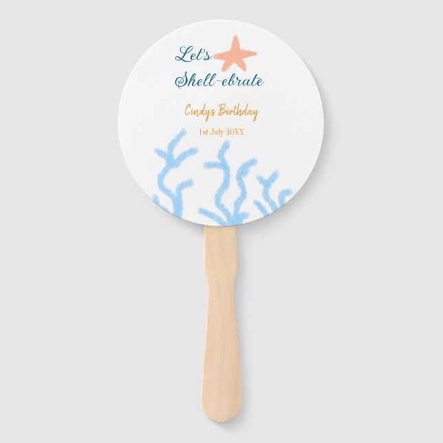 Let's shell-ebrate under the sea blue birthday  hand fan (Front)