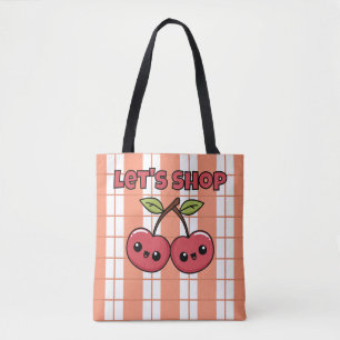 Let's Shop, Cherries, Tartan Tote Bag