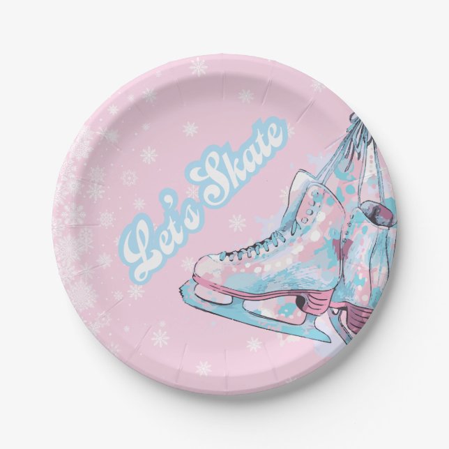 "Let's skate" figure ice skating birthday party Paper Plate (Front)