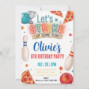 Let's strike Bowling Pizza birthday Invitation