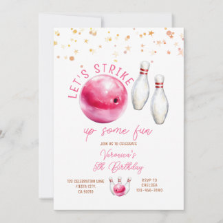 Let's Strike Girl 5th Pink bowling birthday party Invitation