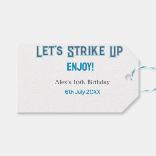 Let's strike up blue grey happy 10 birthday name gift tags