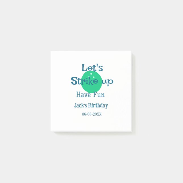 Let's strike up have fun green ball birthday name  post-it notes (Front)