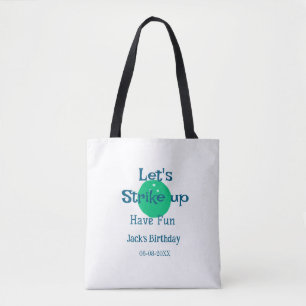 Let's strike up have fun green ball birthday name tote bag