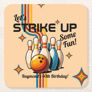 Let's Strike Up Some Fun Bowling Birthday Party Square Paper Coaster