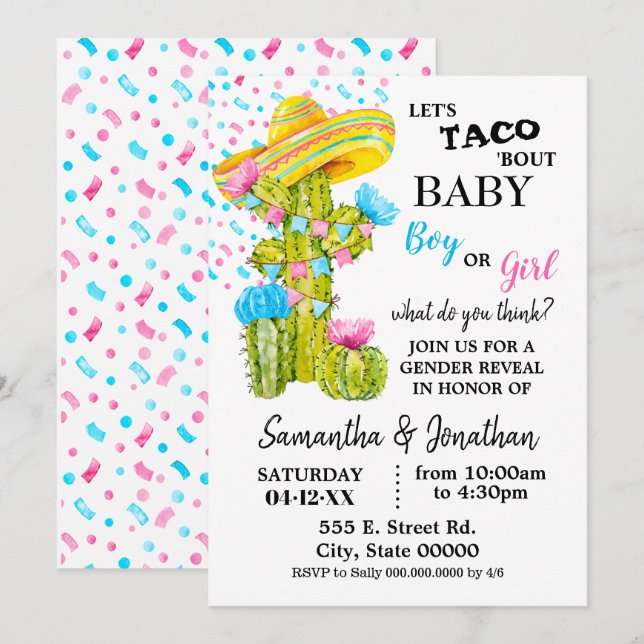 Lets taco about baby gender reveal cactus invitation (Front/Back)