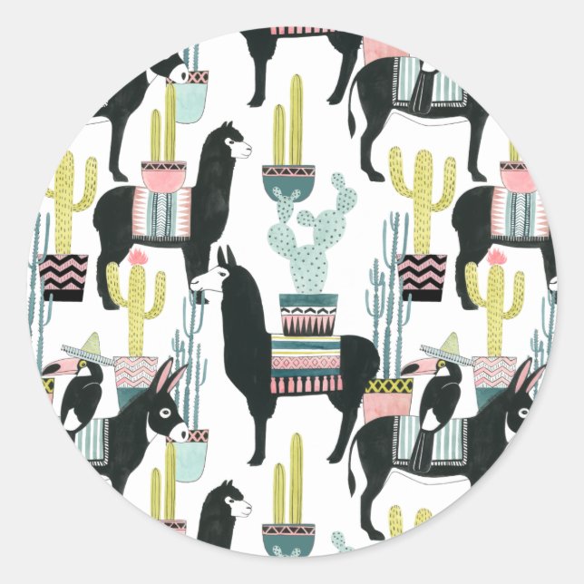 Let's Taco About Love | Llama & Donkey Pattern Classic Round Sticker (Front)