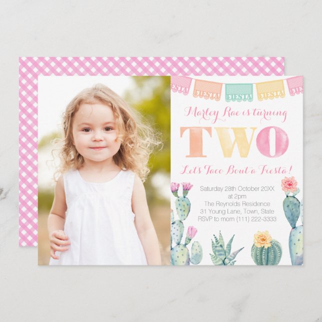 Let's Taco Bout a Fiesta Girl 2nd Birthday Party Invitation (Front/Back)