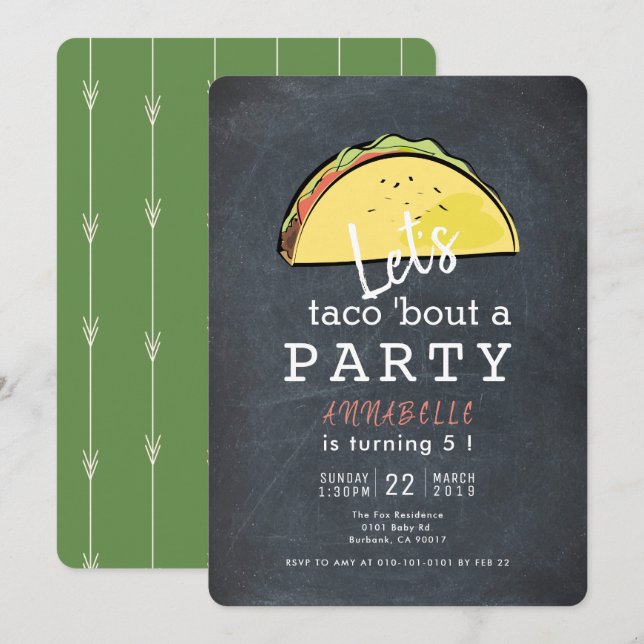 Let's Taco Bout A Party Chalkboard Fiesta Birthday Invitation (Front/Back)