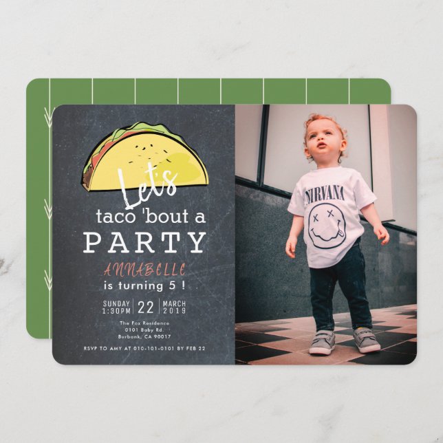 Let's Taco Bout A Party Chalkboard Photo Birthday Invitation (Front/Back)