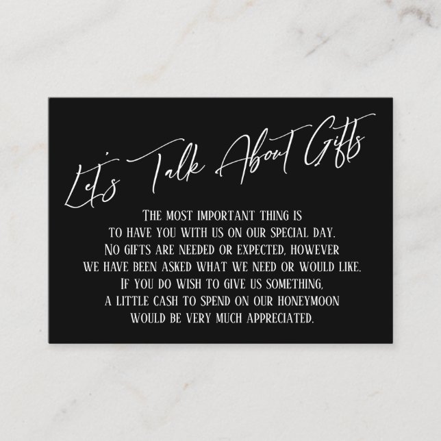 Let's Talk About Gifts Handwriting Black and White Enclosure Card (Front)