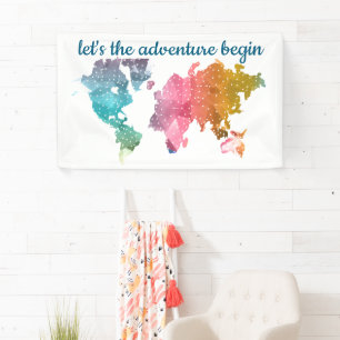 Let's The Adventure Begin Geometric World Map Banner