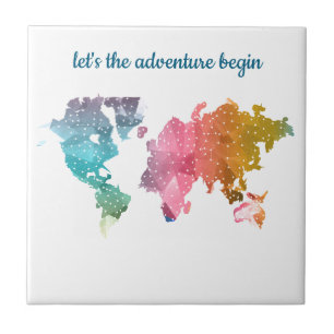 Let's The Adventure Begin Geometric World Map Ceramic Tile