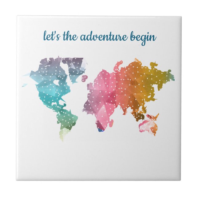 Let's The Adventure Begin Geometric World Map Ceramic Tile (Front)