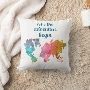 Let's The Adventure Begin Geometric World Map Cushion