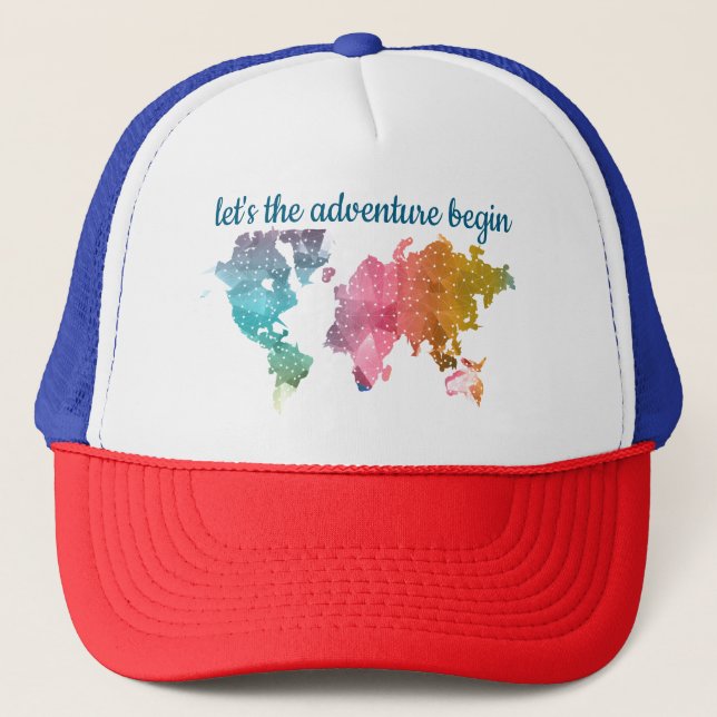 Let's The Adventure Begin Geometric World Map Trucker Hat (Front)