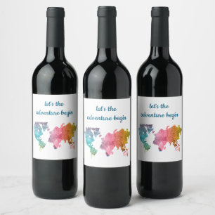 Let's The Adventure Begin Geometric World Map Wine Label