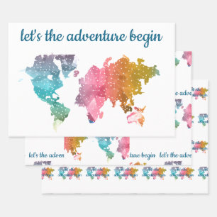 Let's The Adventure Begin Geometric World Map Wrapping Paper Sheet