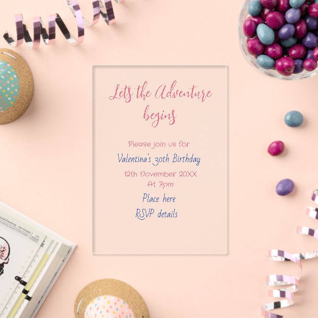 lets the adventure begins 30th birthday add name  acrylic invitations (Insitu (Celebration))
