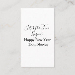 lets the fun begins happy new year name year simpl business card