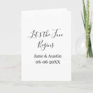 lets the fun begins wedding couple name date simpl card