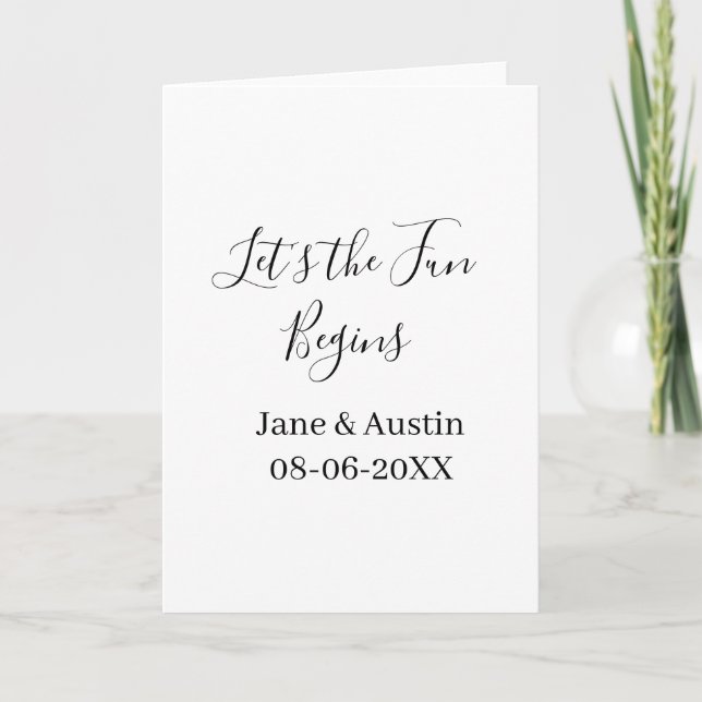 lets the fun begins wedding couple name date simpl card (Front)